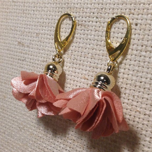 Petal Pink Satin Flower Fluff Earrings - Picture 4 of 6